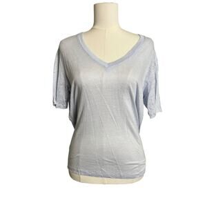 H&M Linen Shirt Womens Medium Blue V Neck Short Sleeve Top Relaxed Fit Casual